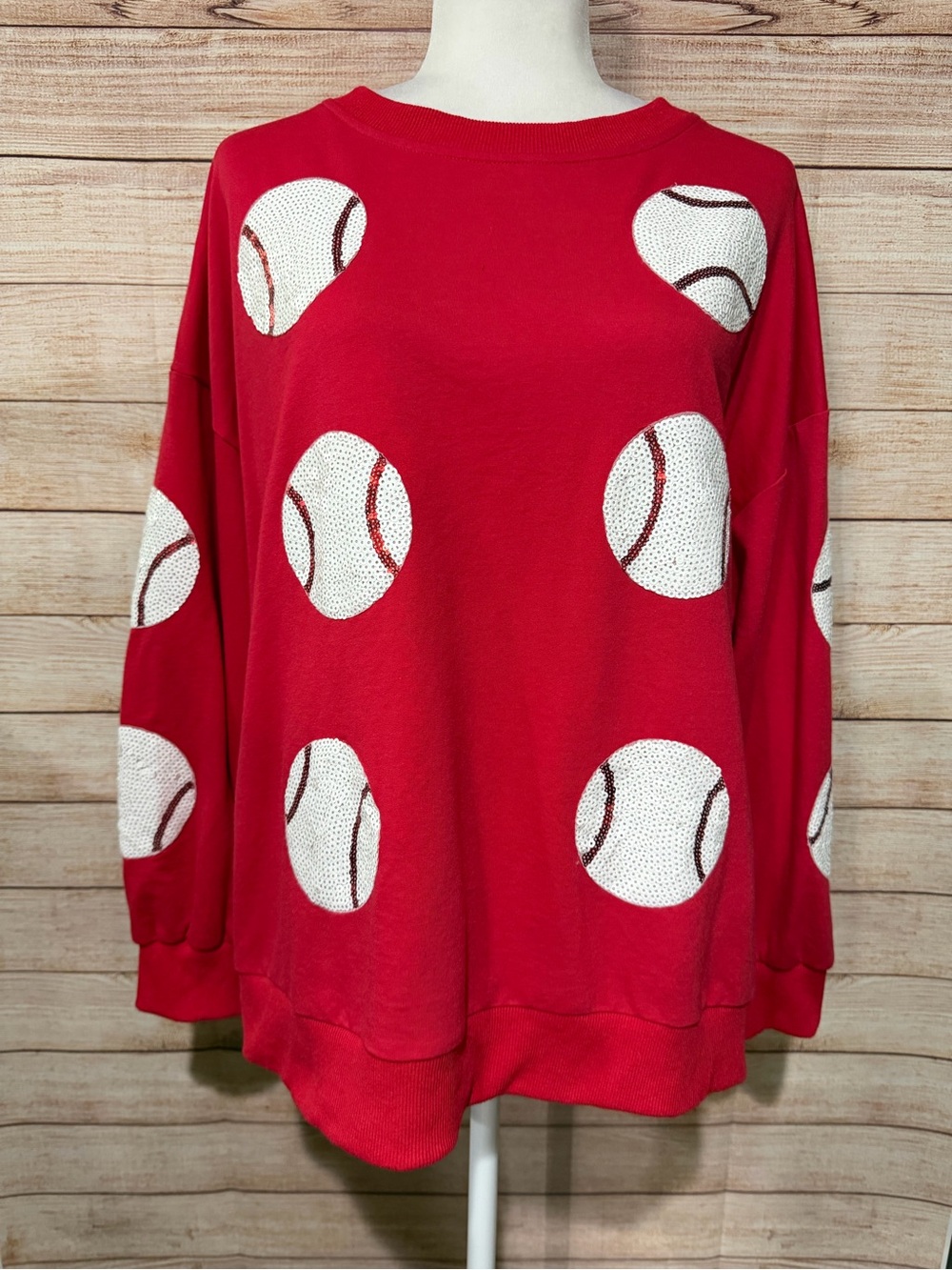 BiBi Red Sequins Baseball Crewneck Long Sleeve Too
